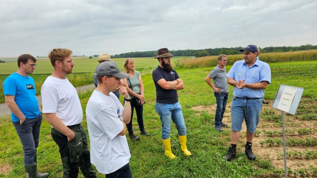 sieben Personen hören einer Person auf dem Feld zu